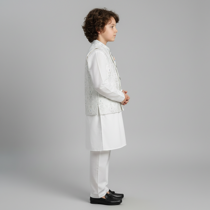 Boys White Kurta Shalwar with Fancy Waistcoat - Premium 3-Piece Set