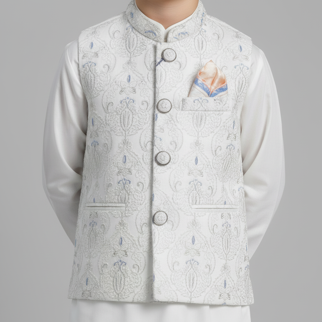 Boys White Kurta Shalwar with Fancy Waistcoat - Premium 3-Piece Set