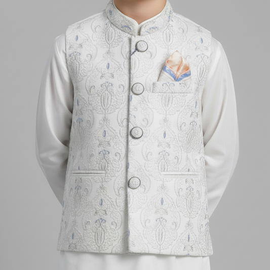 Boys White Kurta Shalwar with Fancy Waistcoat - Premium 3-Piece Set