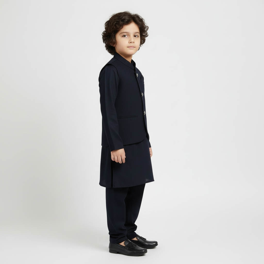 Boys Navy Blue Kurta Shalwar with Plain Waistcoat - Premium 3-Piece Set