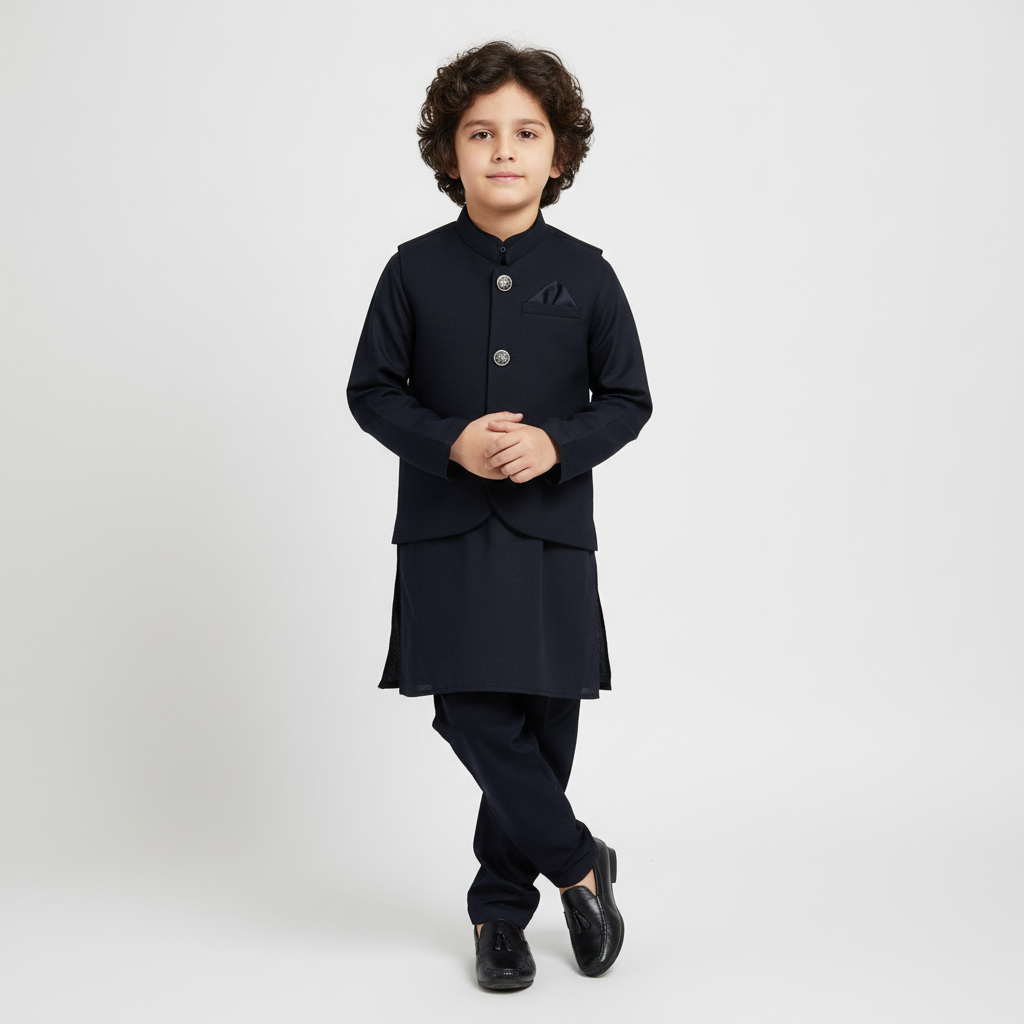 Boys Navy Blue Kurta Shalwar with Plain Waistcoat - Premium 3-Piece Set