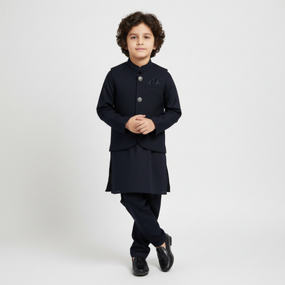 Boys Navy Blue Kurta Shalwar with Plain Waistcoat - Premium 3-Piece Set