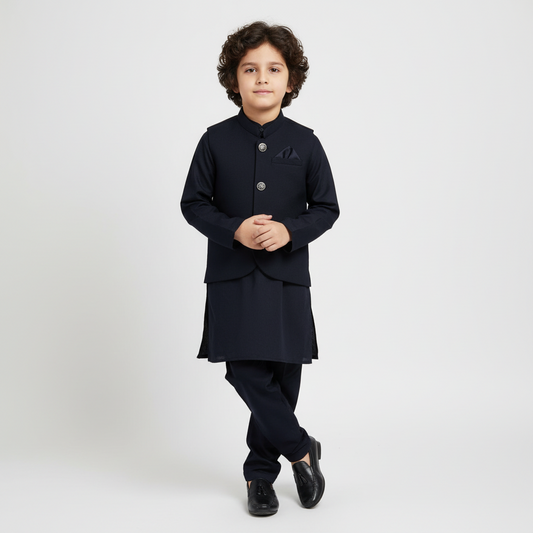 Boys Navy Blue Kurta Shalwar with Plain Waistcoat - Premium 3-Piece Set