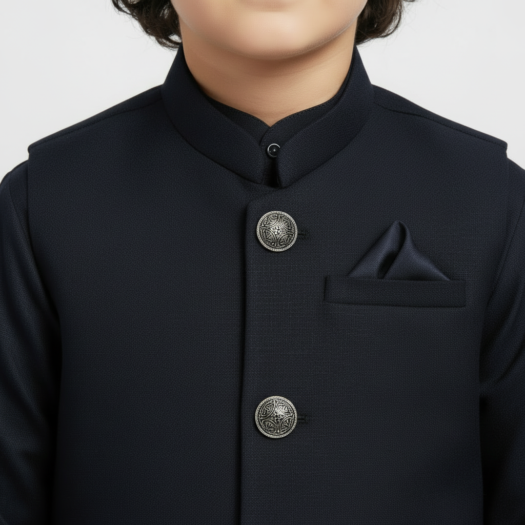 Boys Navy Blue Kurta Shalwar with Plain Waistcoat - Premium 3-Piece Set