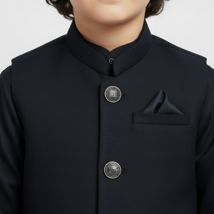 Boys Navy Blue Kurta Shalwar with Plain Waistcoat - Premium 3-Piece Set