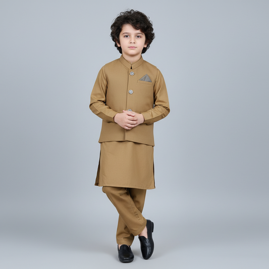 Boys Brown Kurta Shalwar with Plain Waistcoat - Premium 3-Piece Set