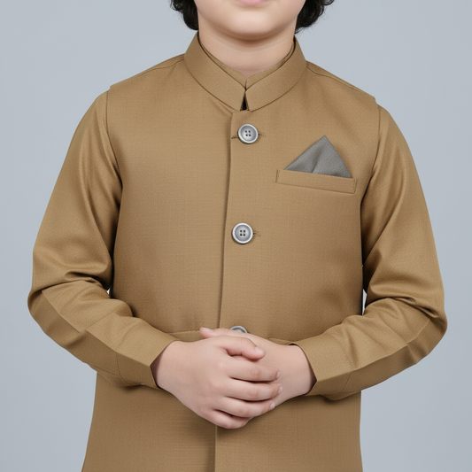 Boys Brown Kurta Shalwar with Plain Waistcoat - Premium 3-Piece Set