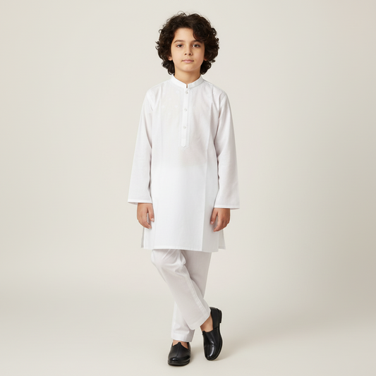 Premium Eid Bundle - Boys White Cotton Kurta + Blue Peshawari Chappals