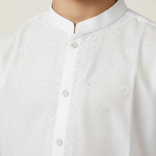 Premium Eid Bundle - Boys White Cotton Kurta + Blue Peshawari Chappals