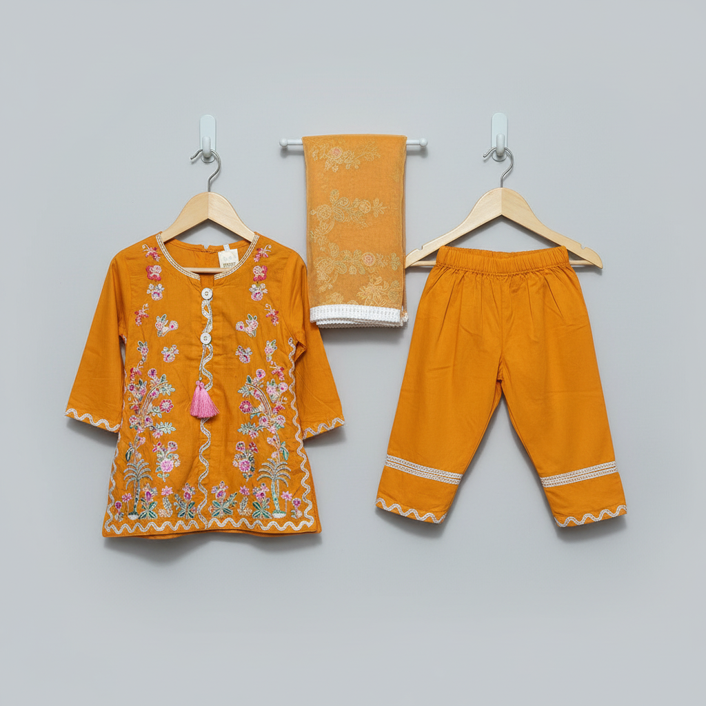 Premium Cotton Embroidered Frock - Orange 1-4Y