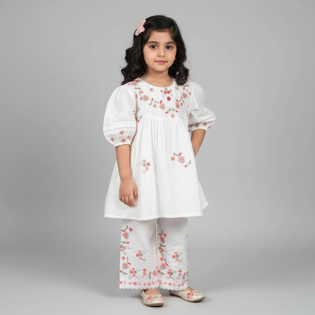 Premium Cotton Embroidered Frock - White 1-4Y