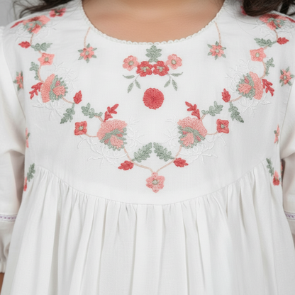 Premium Cotton Embroidered Frock - White 1-4Y