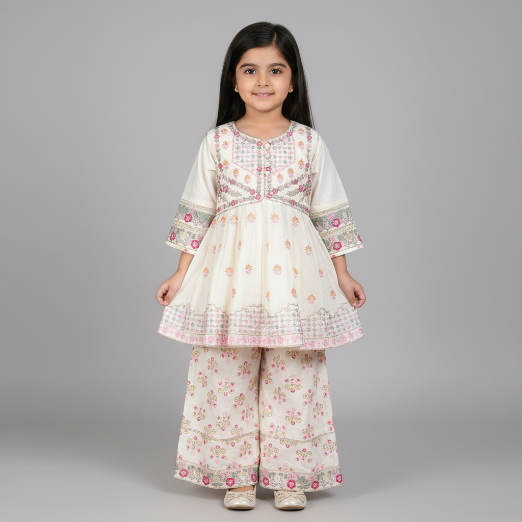 Premium Cotton Embroidered Frock - Cream 1-4Y