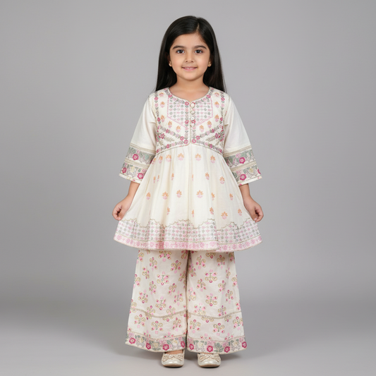 Premium Cotton Embroidered Frock - Cream 1-4Y