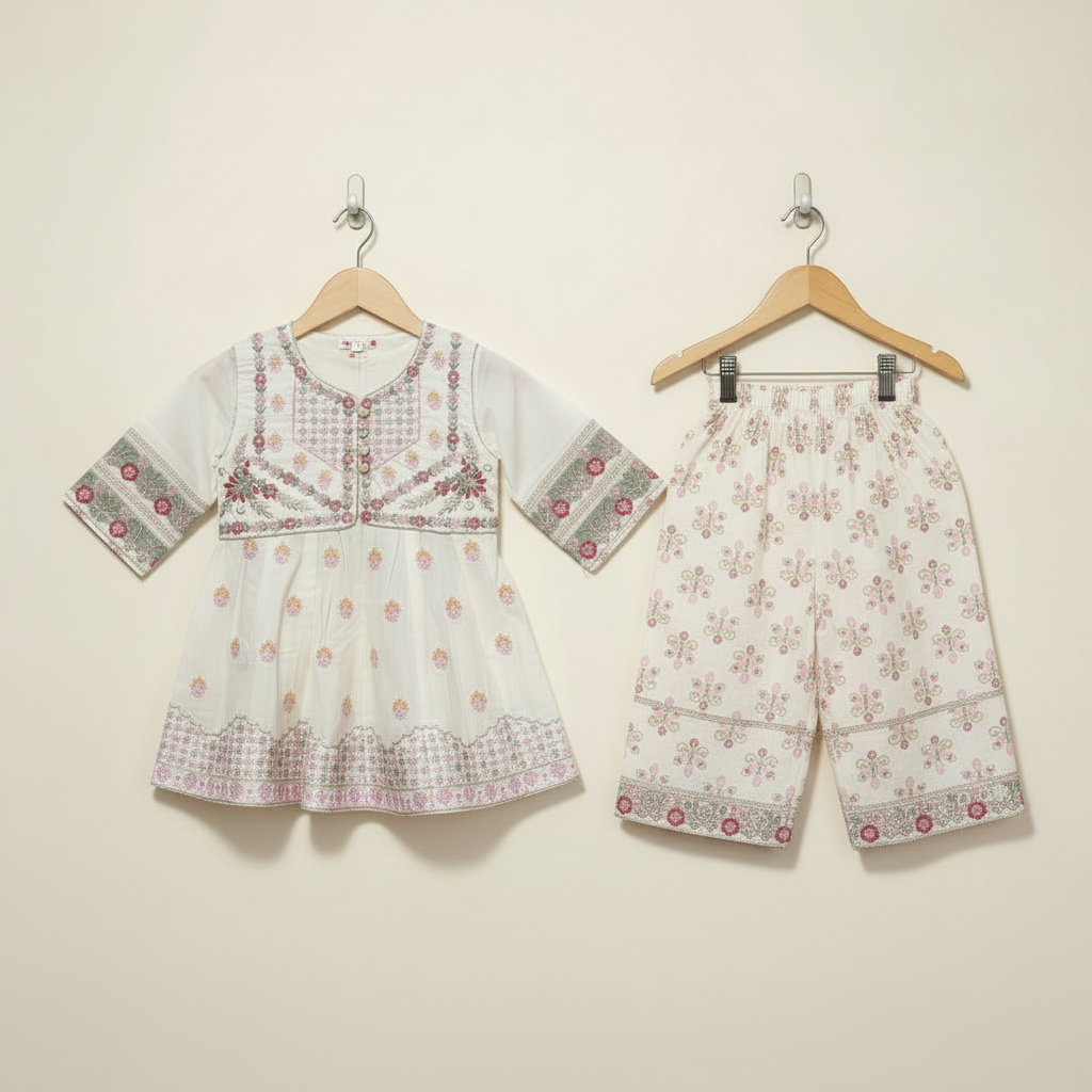 Premium Cotton Embroidered Frock - Cream 1-4Y