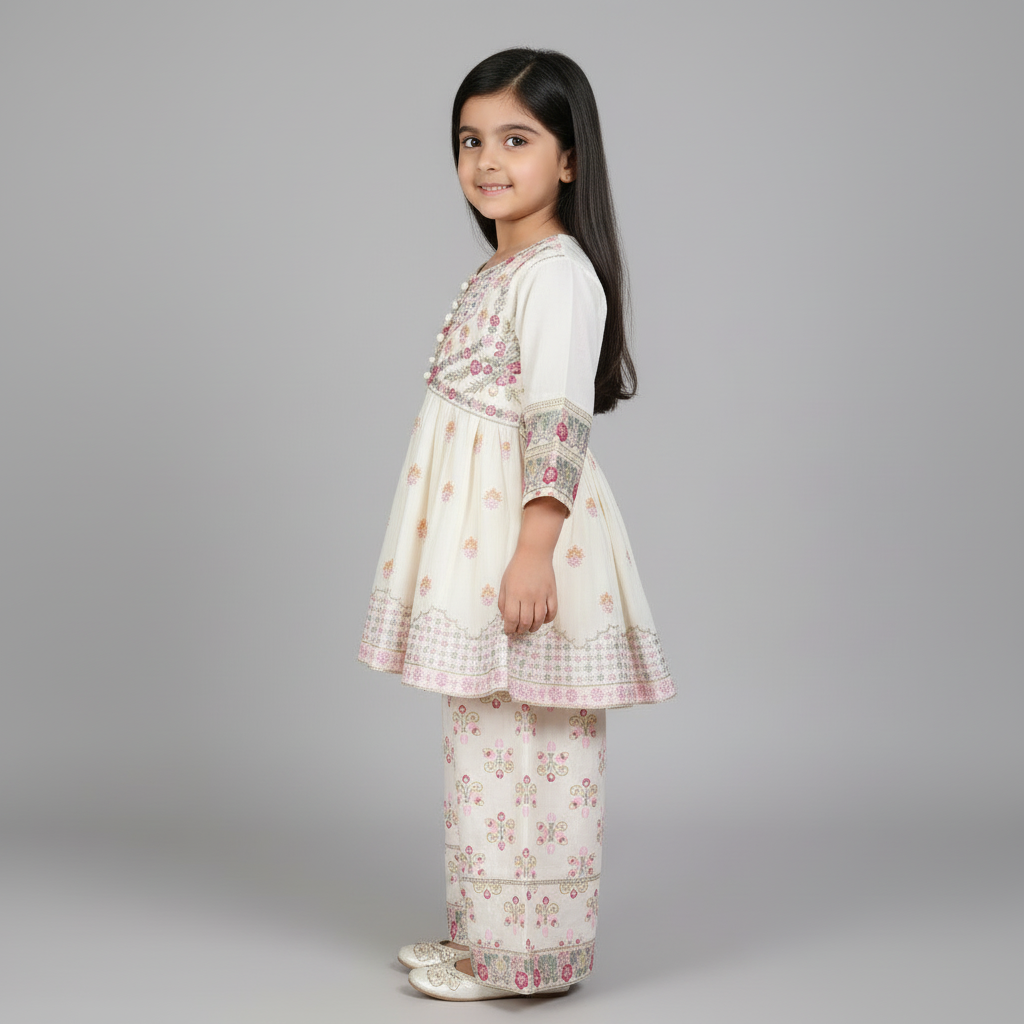Premium Cotton Embroidered Frock - Cream 1-4Y