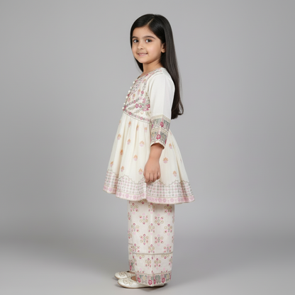 Premium Cotton Embroidered Frock - Cream 1-4Y