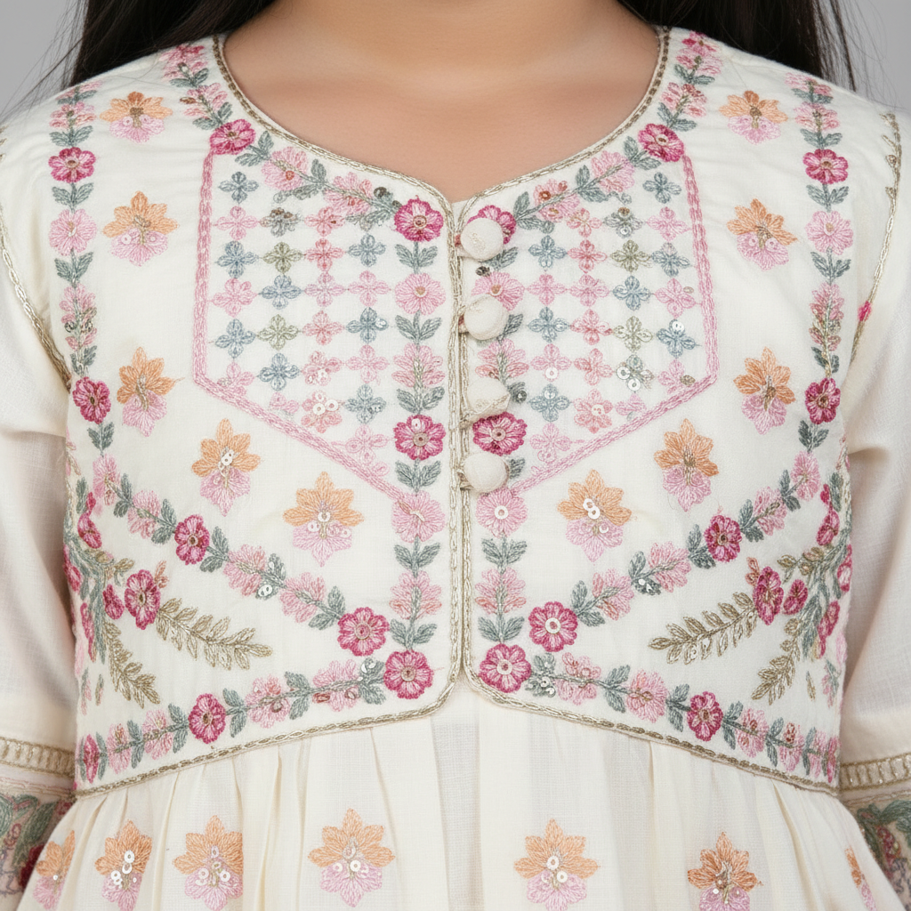 Premium Cotton Embroidered Frock - Cream 1-4Y