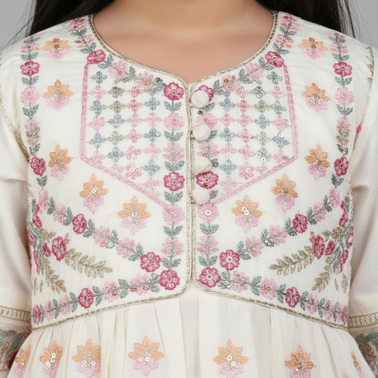 Premium Cotton Embroidered Frock - Cream 1-4Y