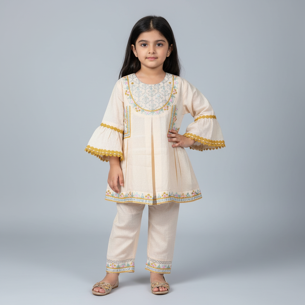Premium Cotton Embroidered Frock - Peach 1-4Y