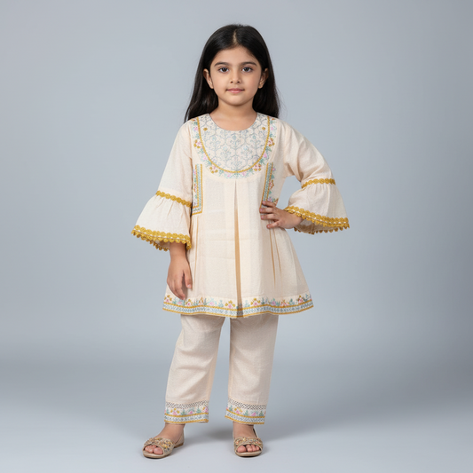 Premium Cotton Embroidered Frock - Peach 1-4Y