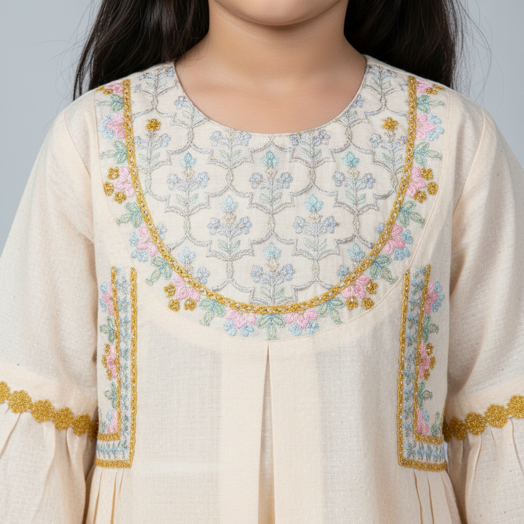 Premium Cotton Embroidered Frock - Peach 1-4Y