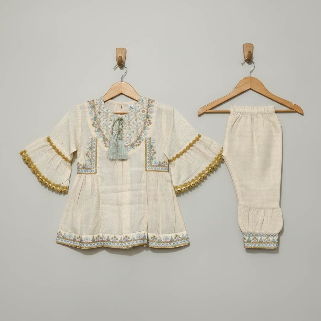 Premium Cotton Embroidered Frock - Peach 1-4Y