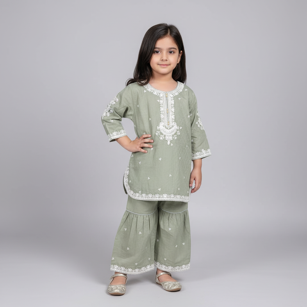 Premium Cotton Embroidered Frock - Green 1-4Y