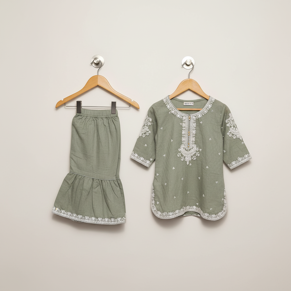 Premium Cotton Embroidered Frock - Green 1-4Y