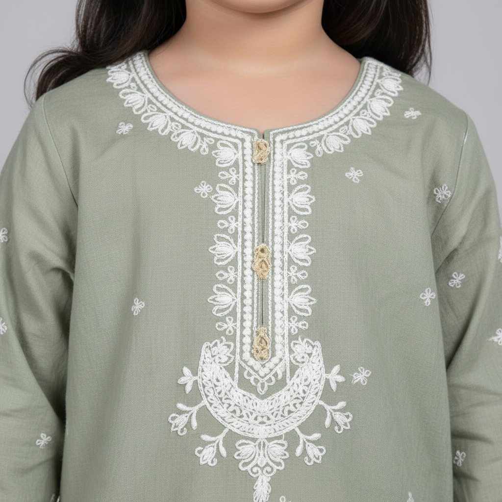 Premium Cotton Embroidered Frock - Green 1-4Y