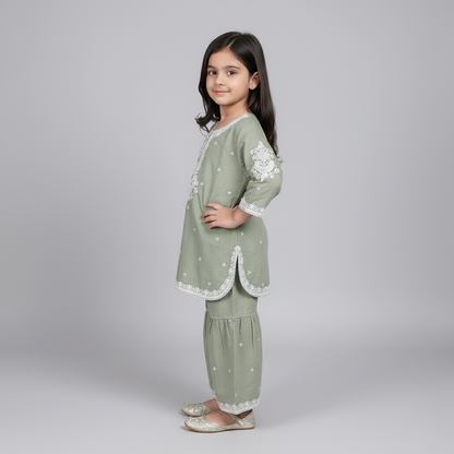 Premium Cotton Embroidered Frock - Green 1-4Y