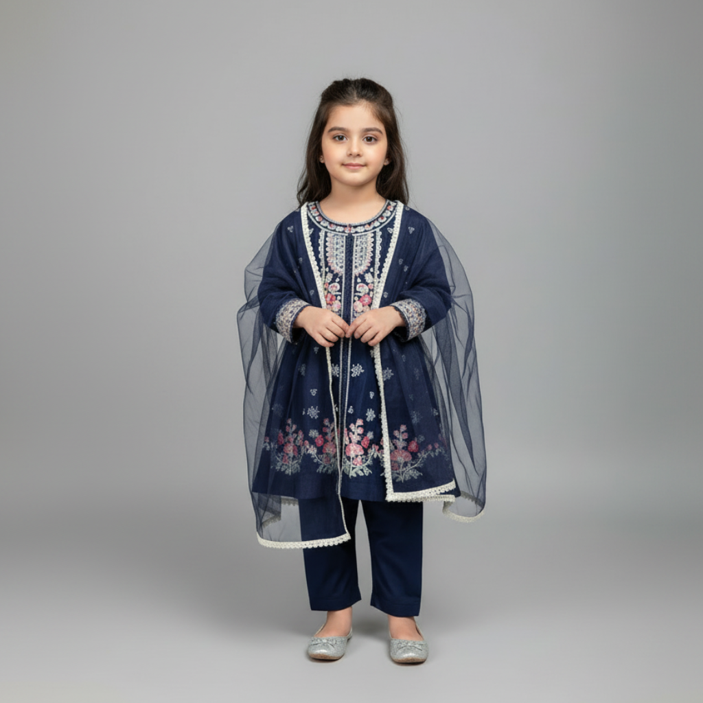 Premium Cotton Embroidered Frock - Dark Blue 1-4Y