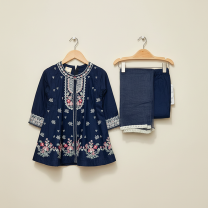Premium Cotton Embroidered Frock - Dark Blue 1-4Y