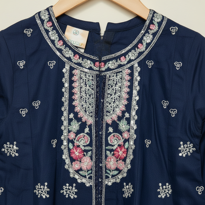 Premium Cotton Embroidered Frock - Dark Blue 1-4Y