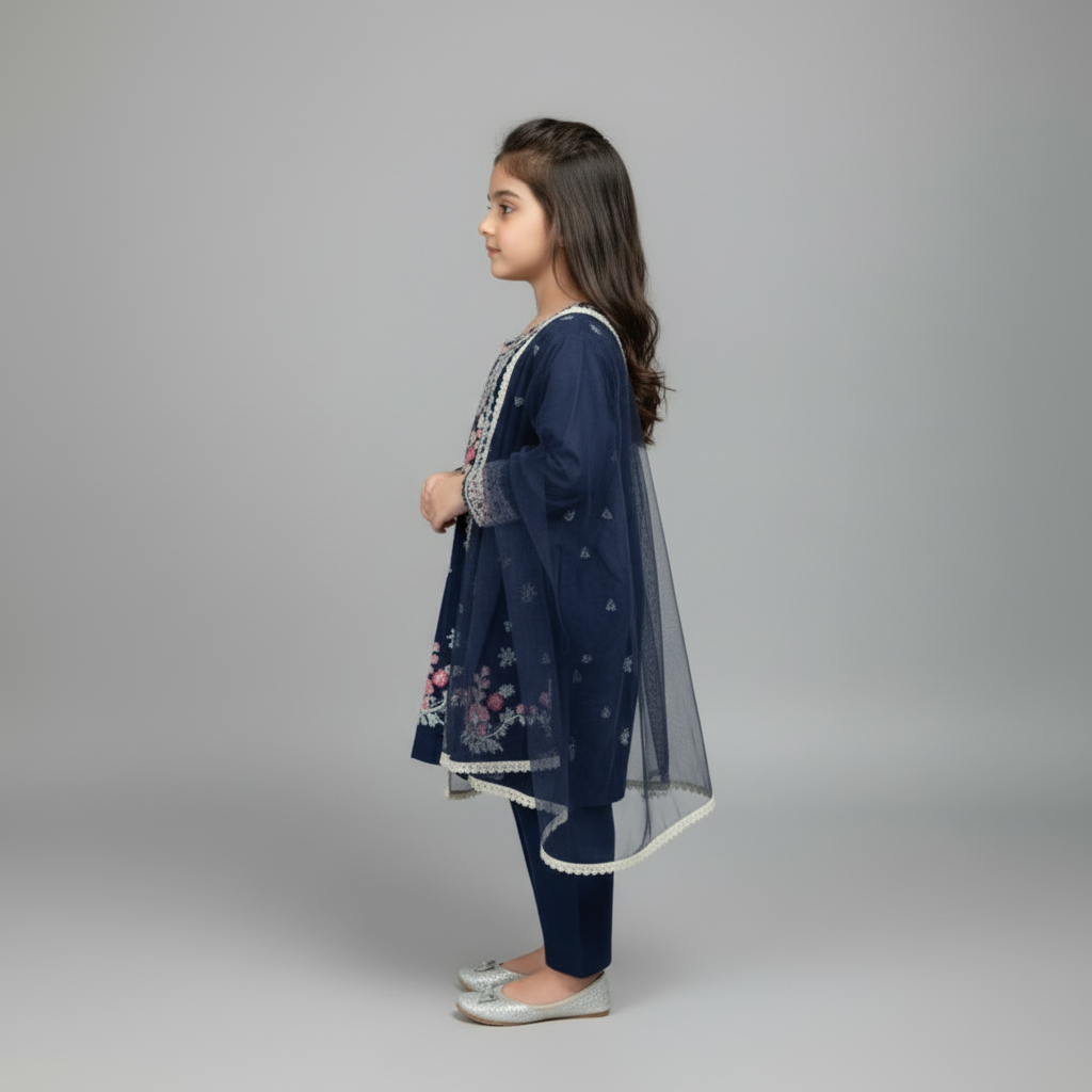 Premium Cotton Embroidered Frock - Dark Blue 1-4Y