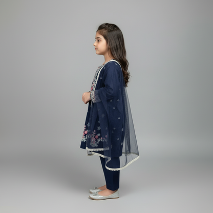 Premium Cotton Embroidered Frock - Dark Blue 1-4Y