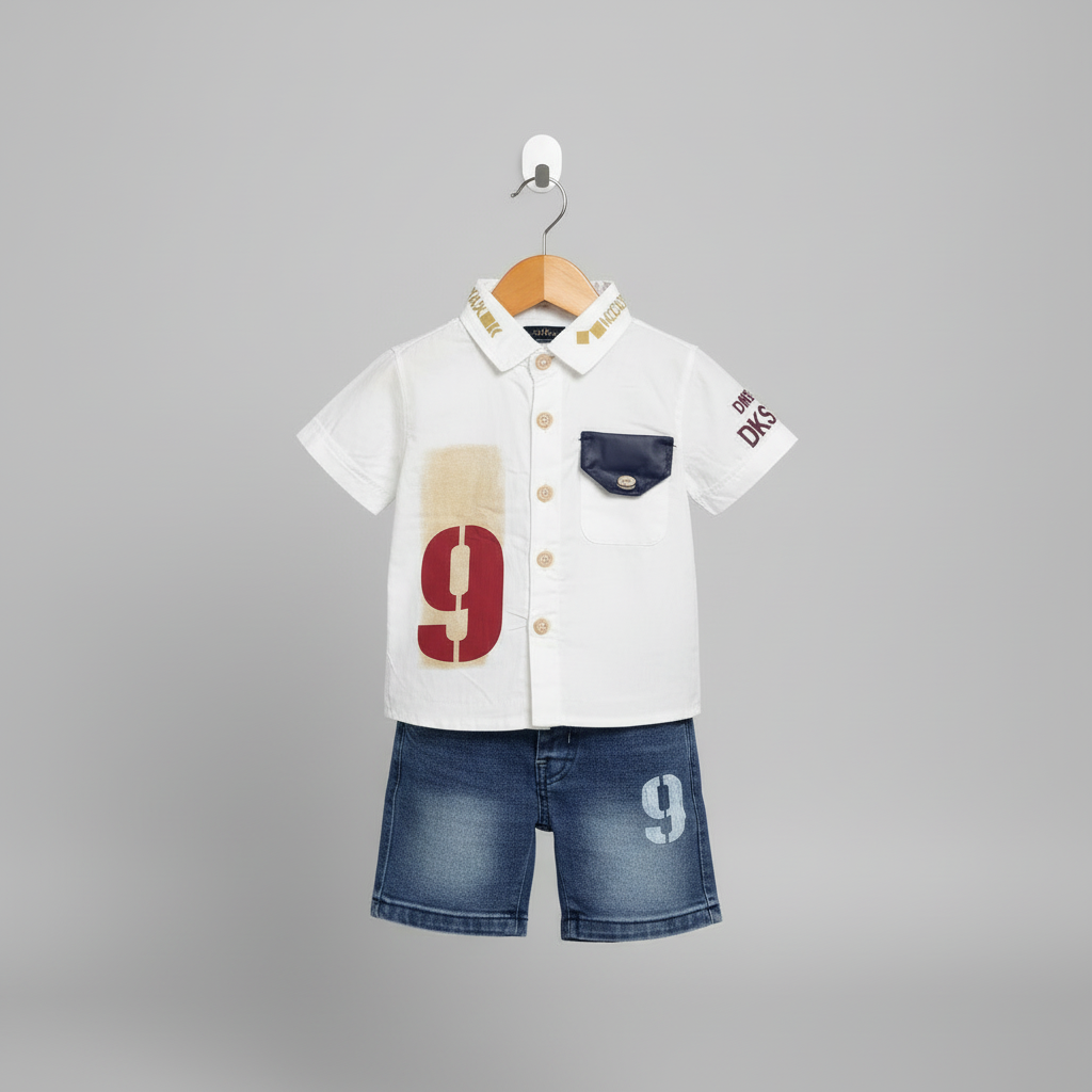 Baby & Toddler Boy Premium 2-Piece Outfit - Cotton Shirt & Denim Shorts