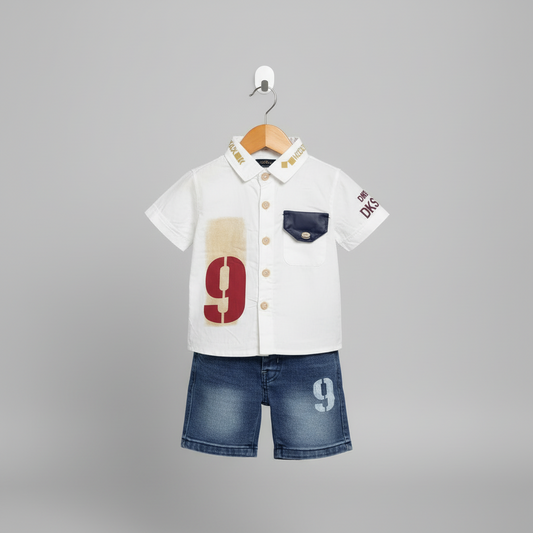 Baby & Toddler Boy Premium 2-Piece Outfit - Cotton Shirt & Denim Shorts