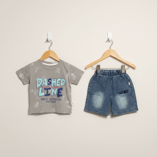 Baby & Toddler Boy Premium 2-Piece Outfit - Stylish Printed Shirt & Denim Shorts