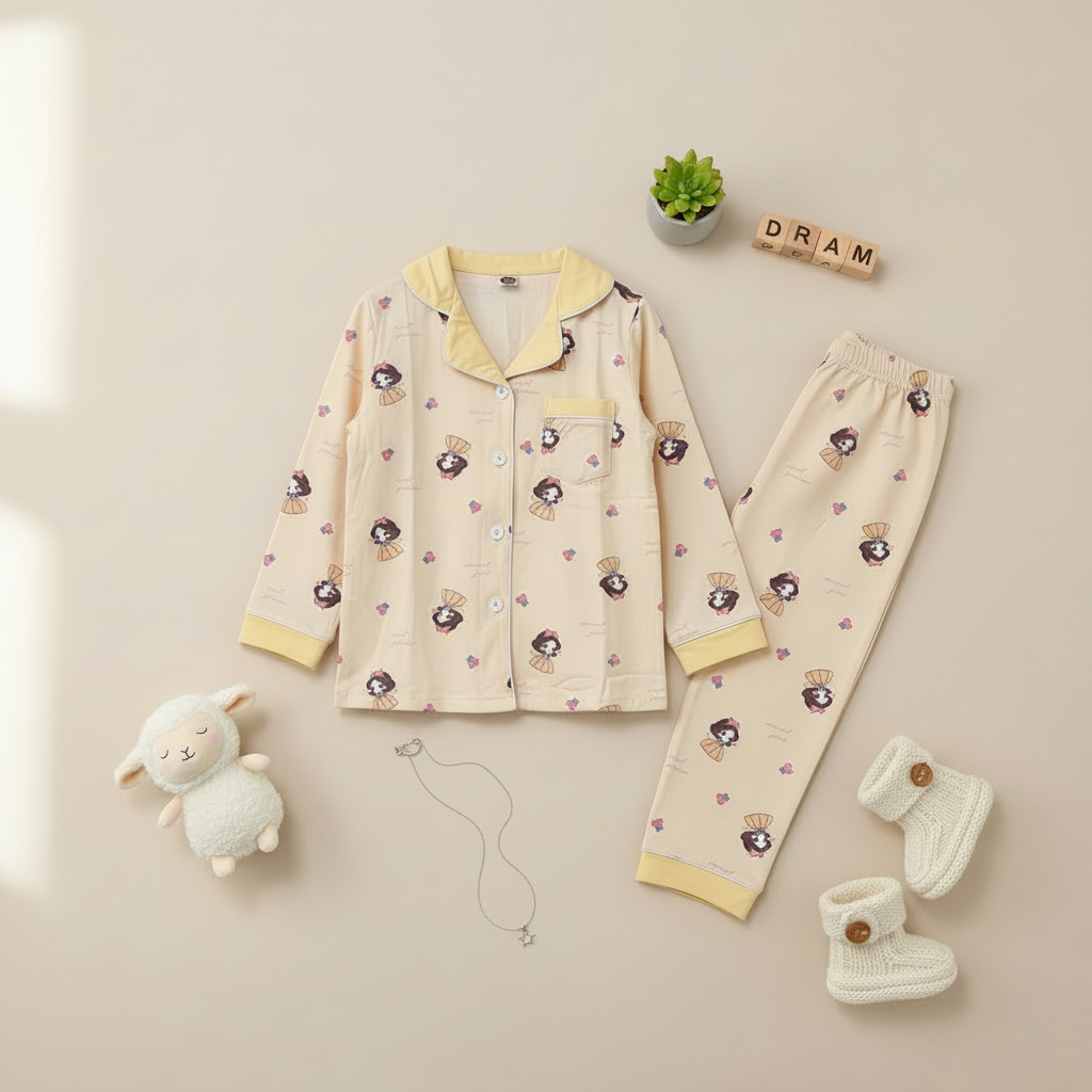 Boys Yellow Night Suit - Soft Printed Pyjama Set for Kids 4-7Y