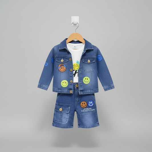 Baby Boy Super-Premium 3-Piece Outfit - Premium Denim Shirt & Shorts Set 6-18M