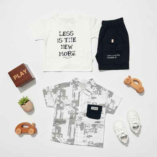 Baby Boy Premium 3-Piece Outfit Set - Printed Shirt, Shorts & T-Shirt 6-24M