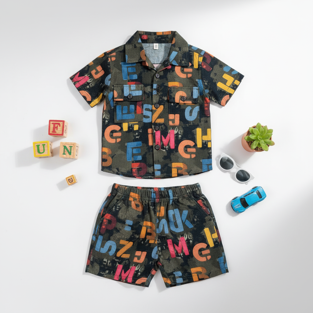 Toddler Boy 2-Piece Outfit - Colourful Printed Shirt & Shorts Set 1-3Y