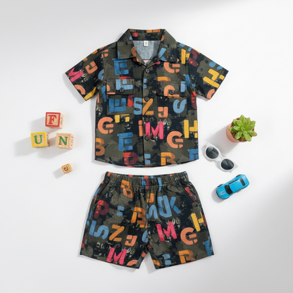 Toddler Boy 2-Piece Outfit - Colourful Printed Shirt & Shorts Set 1-3Y