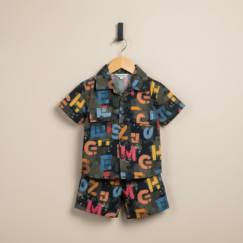 Toddler Boy 2-Piece Outfit - Colourful Printed Shirt & Shorts Set 1-3Y