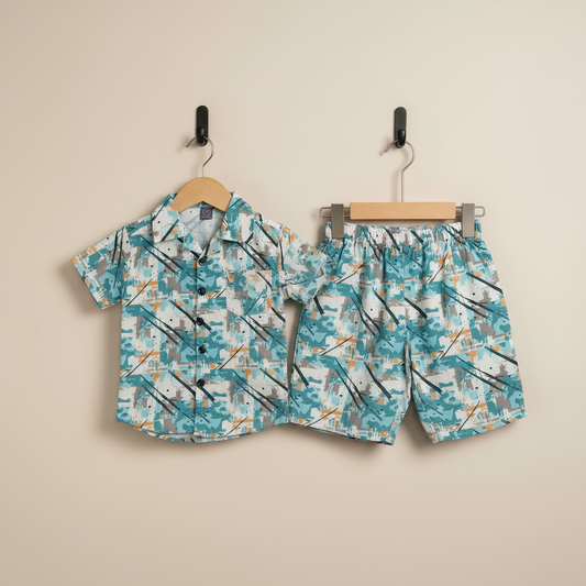 Toddler Boy 2-Piece Outfit - Cheerful Printed Shirt & Shorts Set 1-3Y