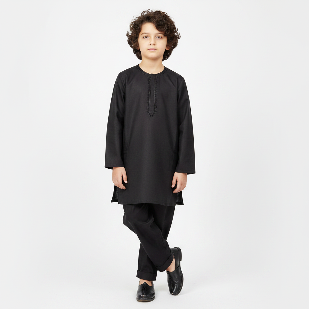 Boys Black Paper Cotton Kurta Shalwar - Lightweight Traditional Outfit for Boys 1-4 Years