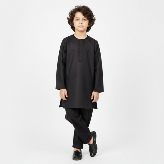 Boys Black Paper Cotton Kurta Shalwar - Lightweight Traditional Outfit for Boys 1-4 Years