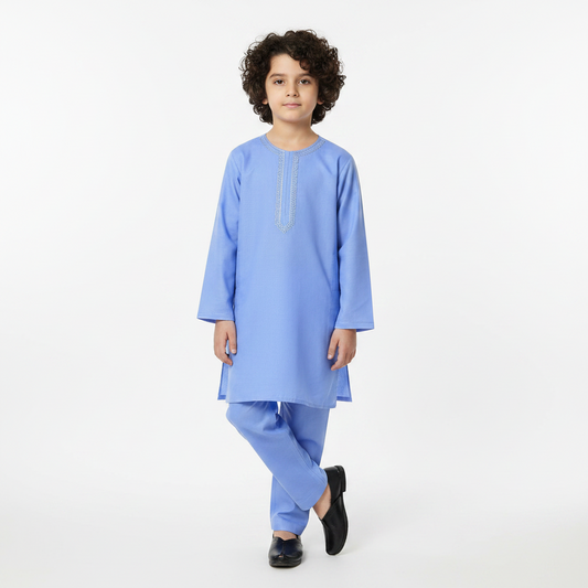 Boys Sky Blue Paper Cotton Kurta Shalwar - Lightweight Traditional Outfit for Boys