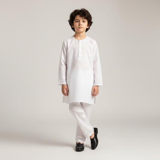 Boys White Paper Cotton Kurta Shalwar - Lightweight Traditional Outfit for Boys 1-4 Years